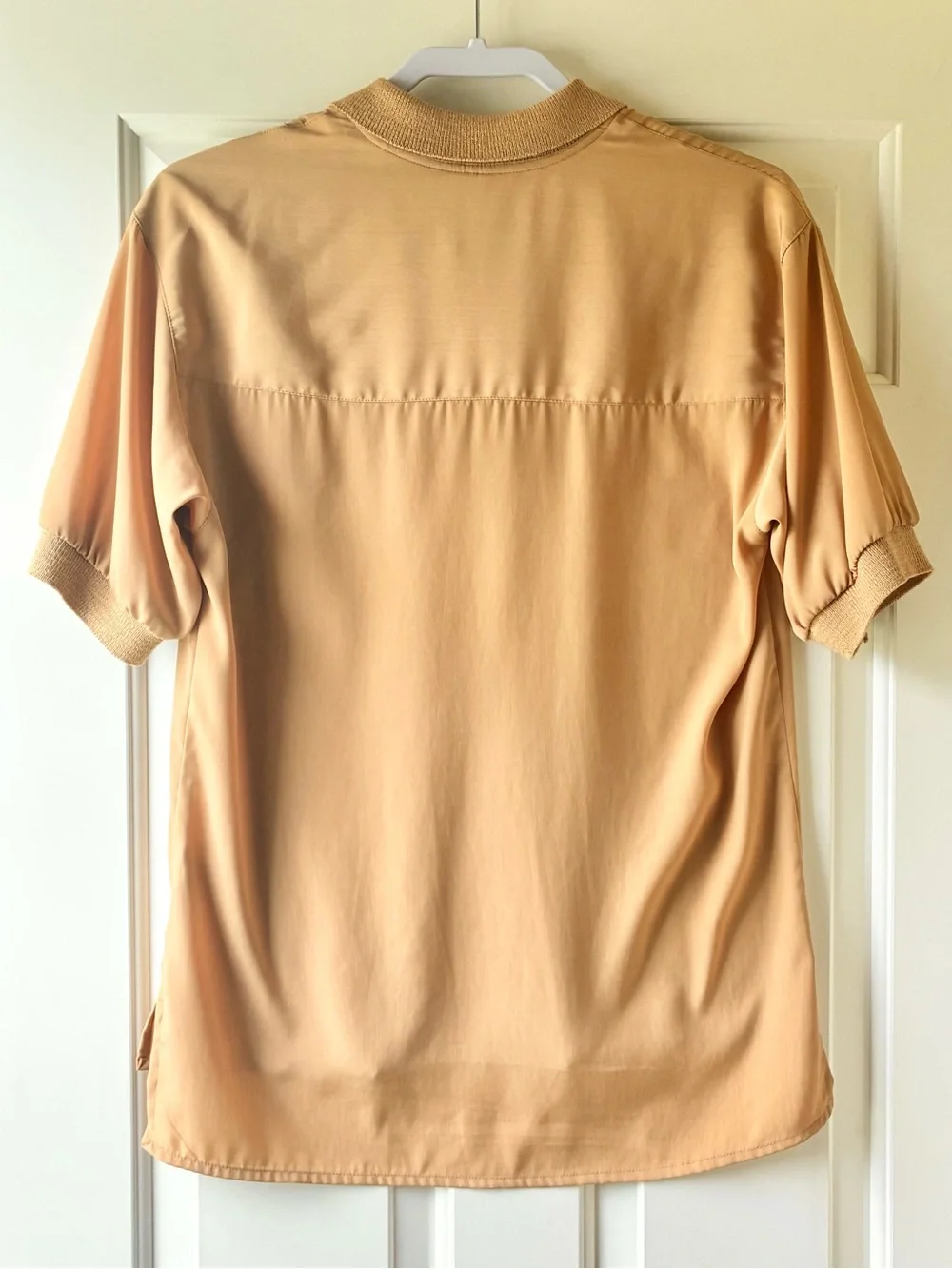 Vintage 80s Lilli Ann Collections Knit Collar Polo Blouse Top Tan Camel Size M